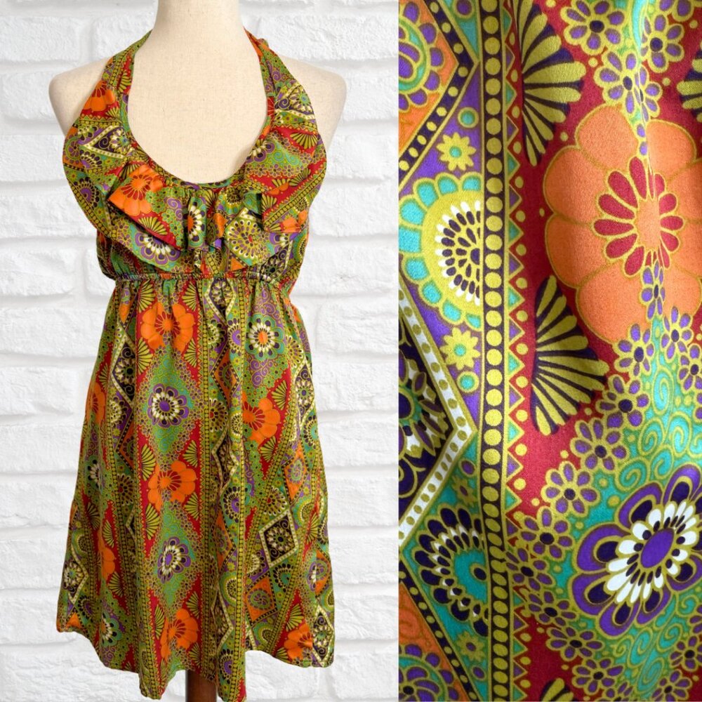 Judith March Green Brown Halter Mini Dress Pattern Ruffle Neck Size Medium